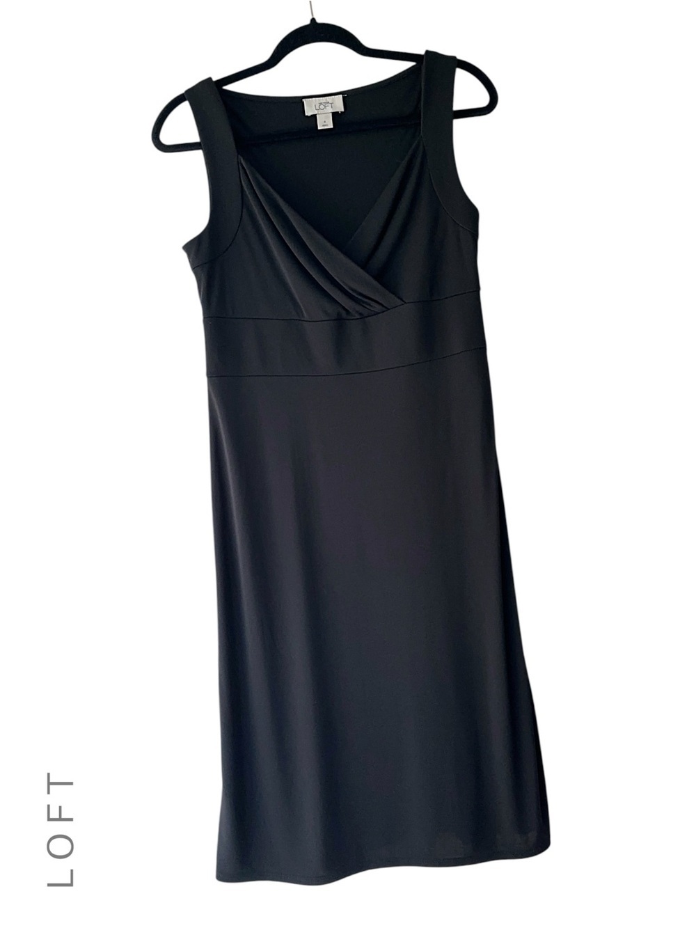 LOFT NWOT BLACK FAUX WRAP SURPLICE DRESS EMPIRE WAIST SLEEVELESS | SIZE 6